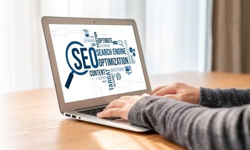 Een persoon die op zijn laptop naar SEO kijkt